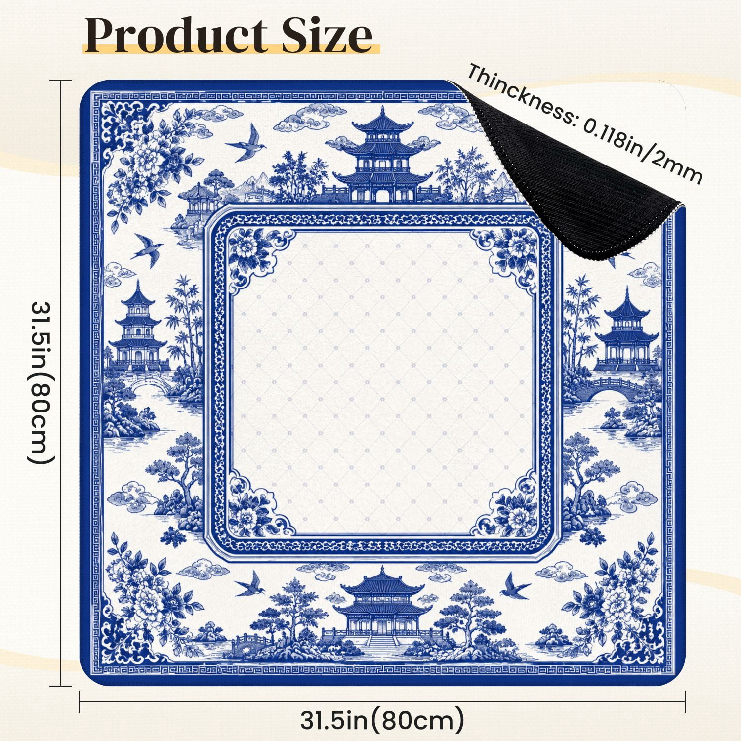 Mahjong Mat 31.5" x 31.5" Blue White Chinese Landscape Pagodas Birds Trees Floral Borders Non-Slip Noise Reduction Mahjong Tiles Table Cover for Dominoes Poker Card Board and Tile Games
