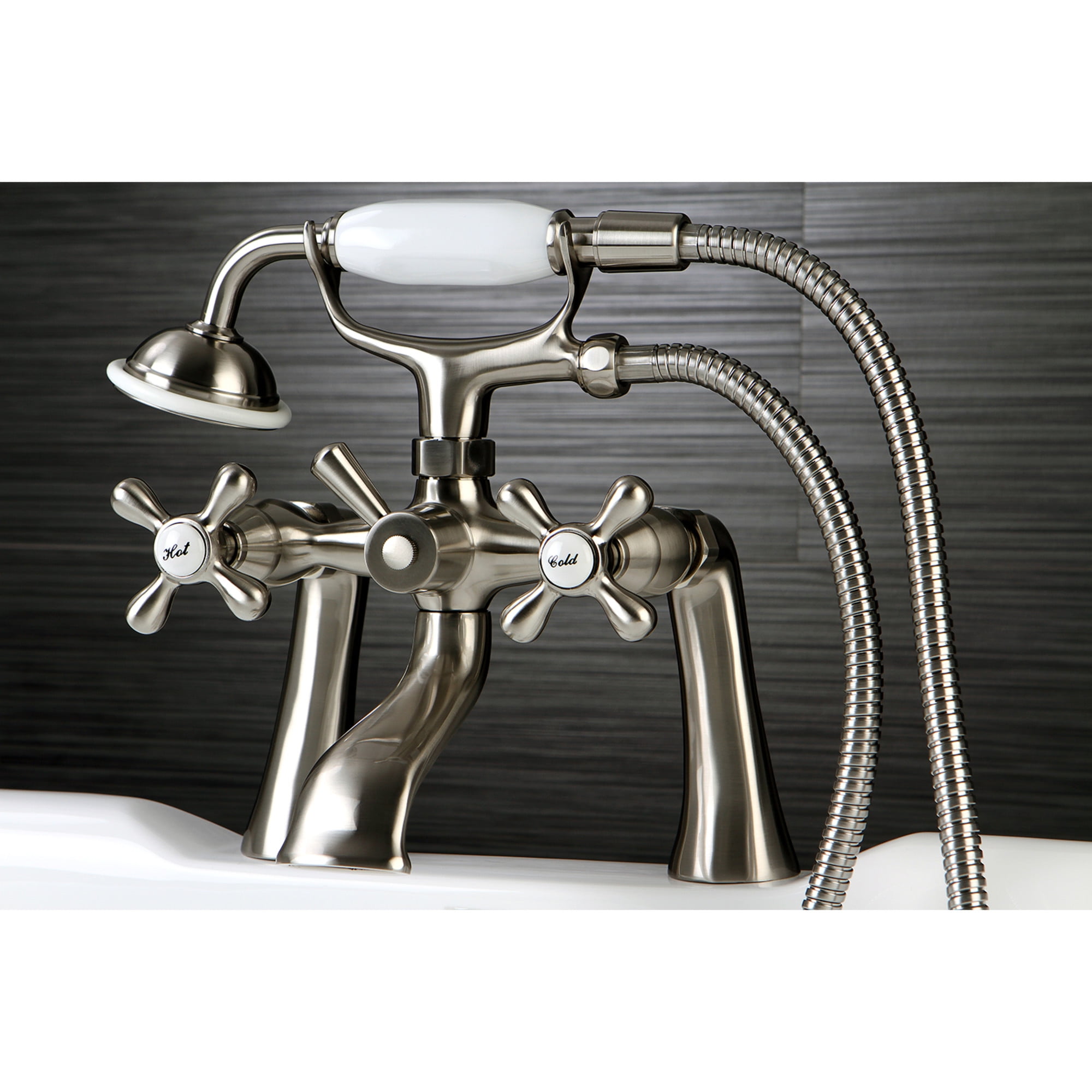 Kingston Brass KS268SN Kingston 7" Center Deck-Mount Clawfoot Tub Faucet with Hand Shower, Brushed Nickel