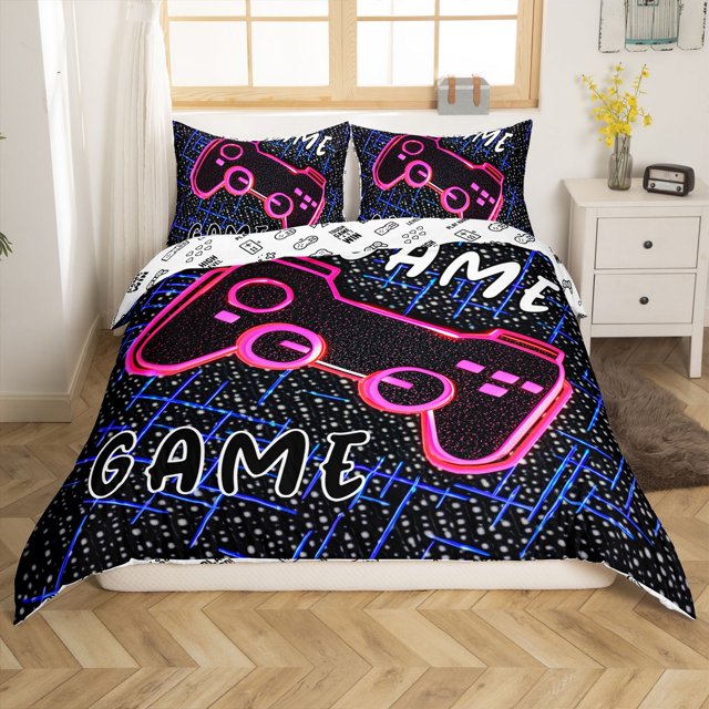 Erosebridal Neon Hot Pink Gamepad Comforter Cover, Geometric Circuit Board Bedding, Reversible 2 Pieces (No Comforter)
