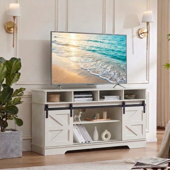 58" Farmhouse TV Stand for 65 Inch TV, Entertainment Center with Sliding Barn Doors & Adjustable Shelves, Media Console for Living Room Bedroom, White
