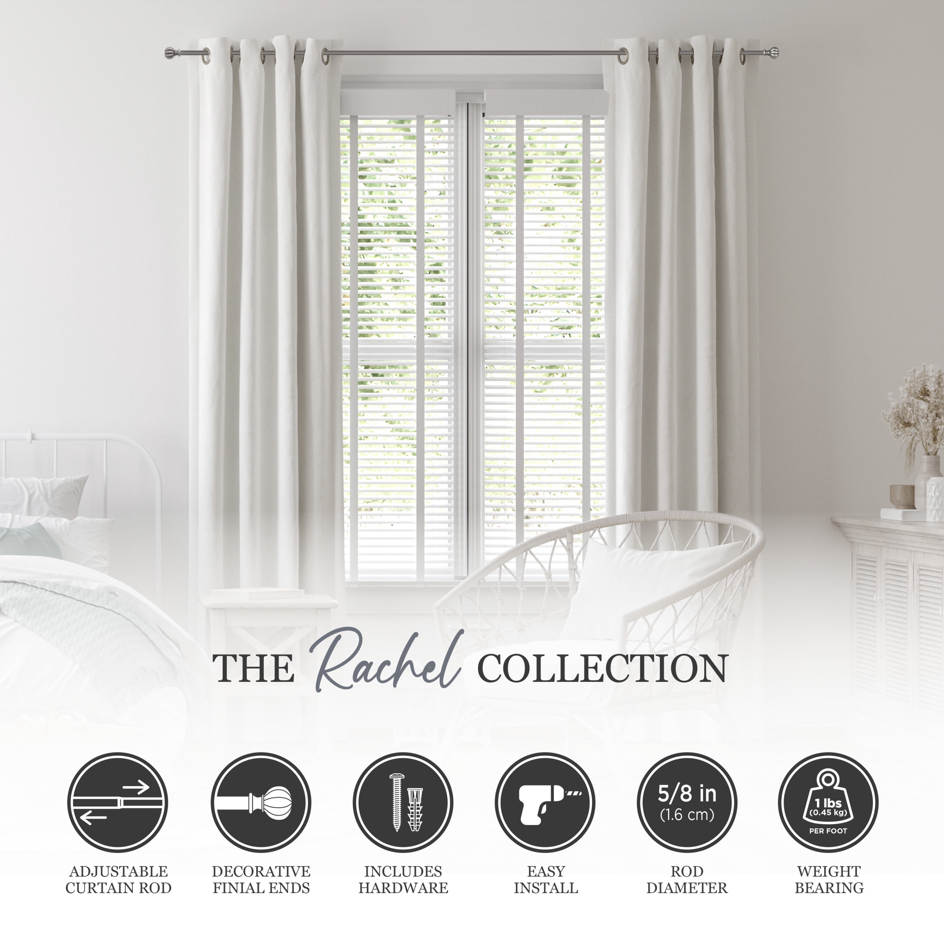 Kenney 0.62" Pewter Ball Adjustable Single Curtain Rod Set, 28"-48"