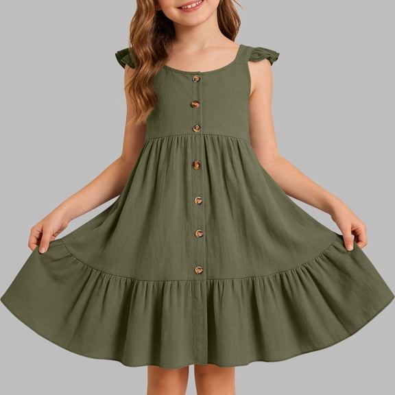 CIAKGIAF Girls Dresses Summer Ruffle Ruched Button Loose Round Neck Comfortable Sleeveless Princess Dress Army Green for 2-3 Years