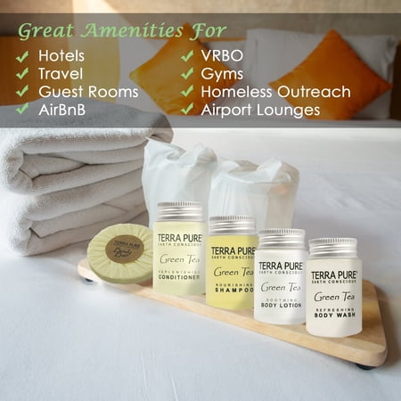 Terra Pure Hotel Soaps and Toiletries Bulk Set | 1-Shoppe All-In-Kit Amenities for Hotels | 1oz Hotel Shampoo & Conditioner, Body Wash, Body Lotion & 1.25oz Bar Soap Travel Size | Pieces