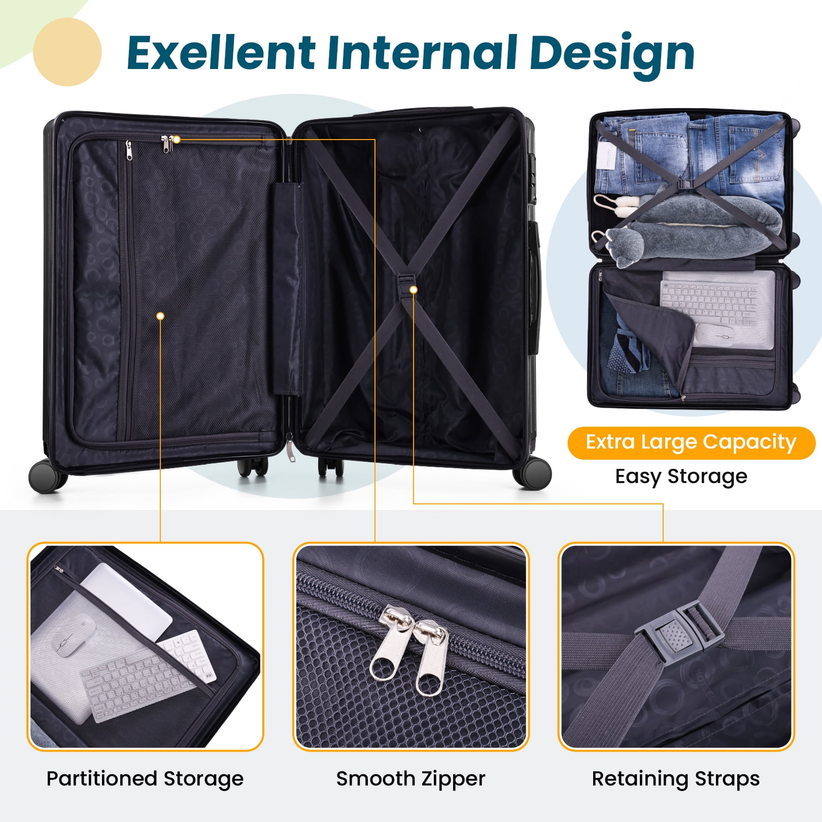 HOTEEL 20in Luggage Sets 3 Piece, PC Hardshell Suitcase with Spinner Wheels TSA Lock, Lightweight Travel Carry on Luggages with Luggage Bag&Toiletry Bag for Women and Men