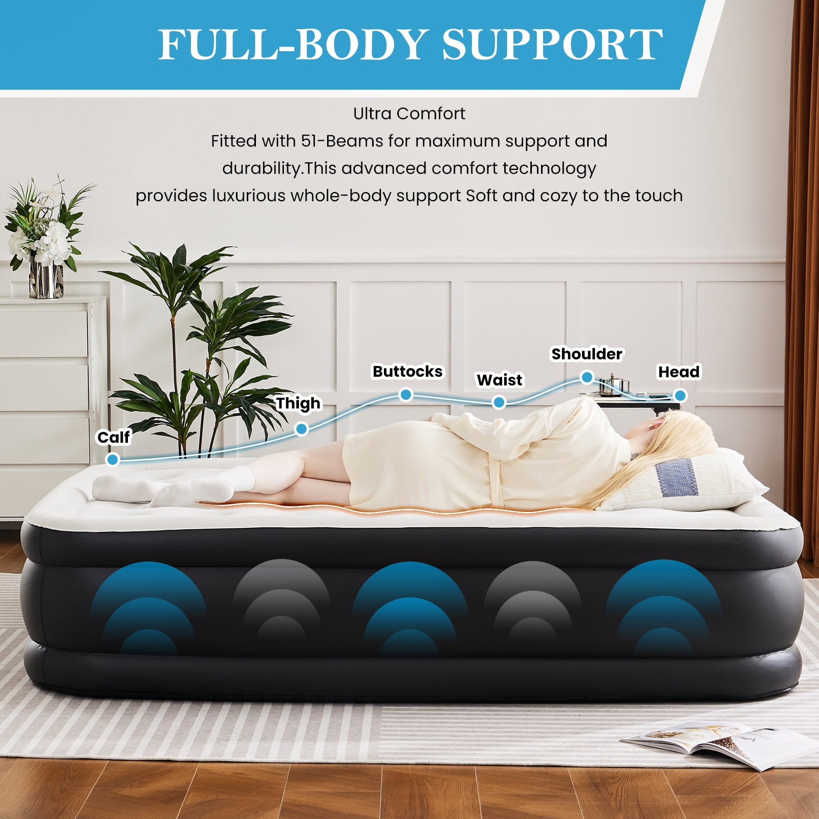 CONCETTA Queen Air Mattress, 18 Inches Adjustable with Built-in High Capacity Pump