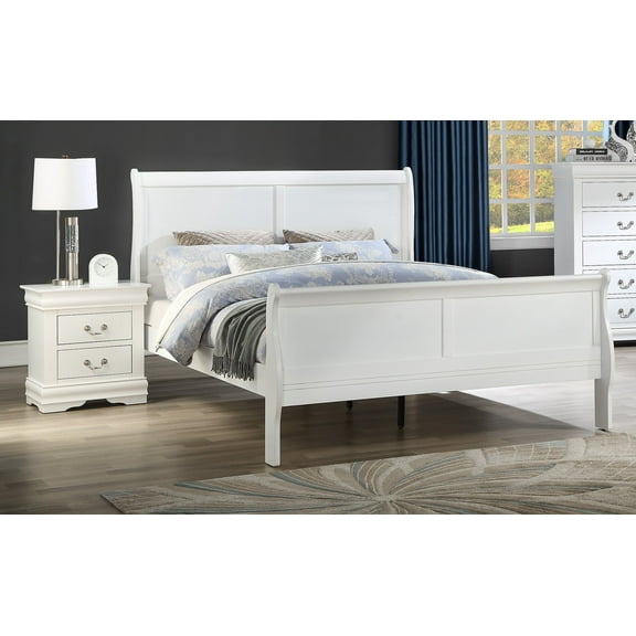 3pc Transitional Louis Philip Queen Panel Bed and Two Nightstand Set Sturdy Wooden Bedroom Furniture White Finish
