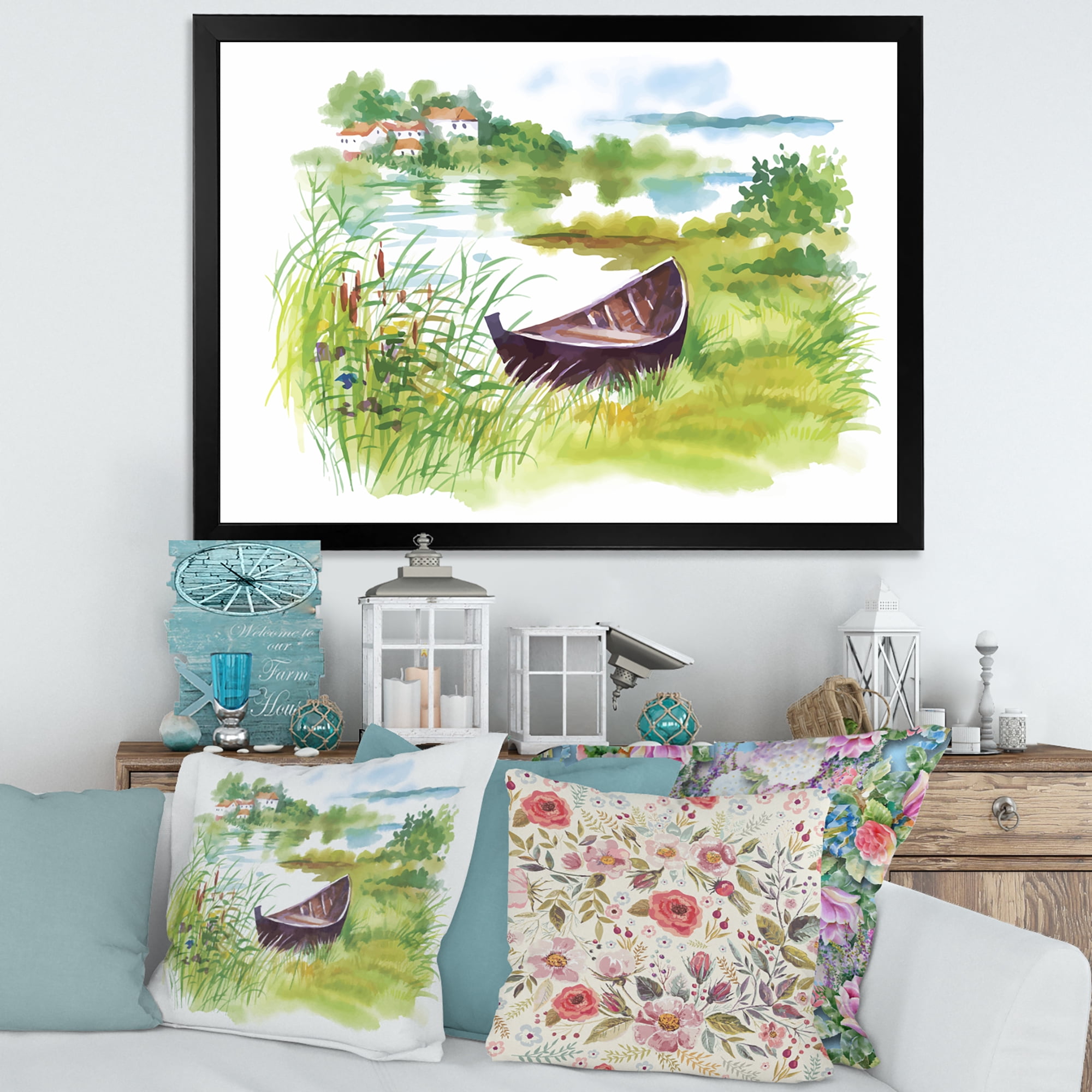 Designart 'Rural Green Landscape With Boat In Lake' Lake House Framed Art Print