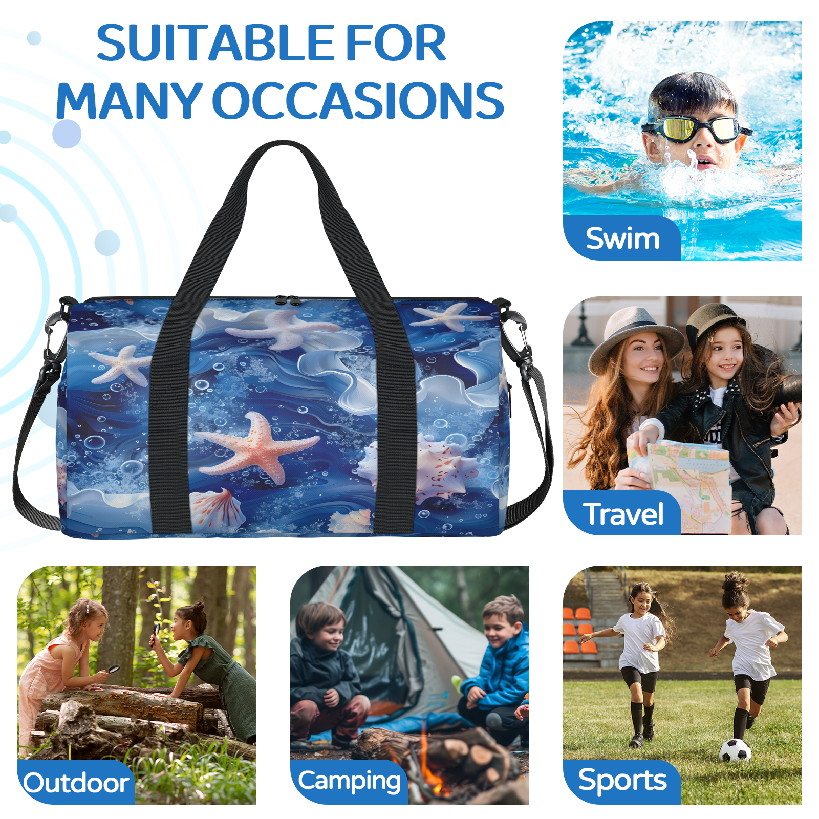 Herdesigns Beach Coastal Nautical Gym Bag for Women, Duffle Bag for Travel Sport, Shell Lightweight Waterproof Carry on Weekender Dance Yoga Workout Bags