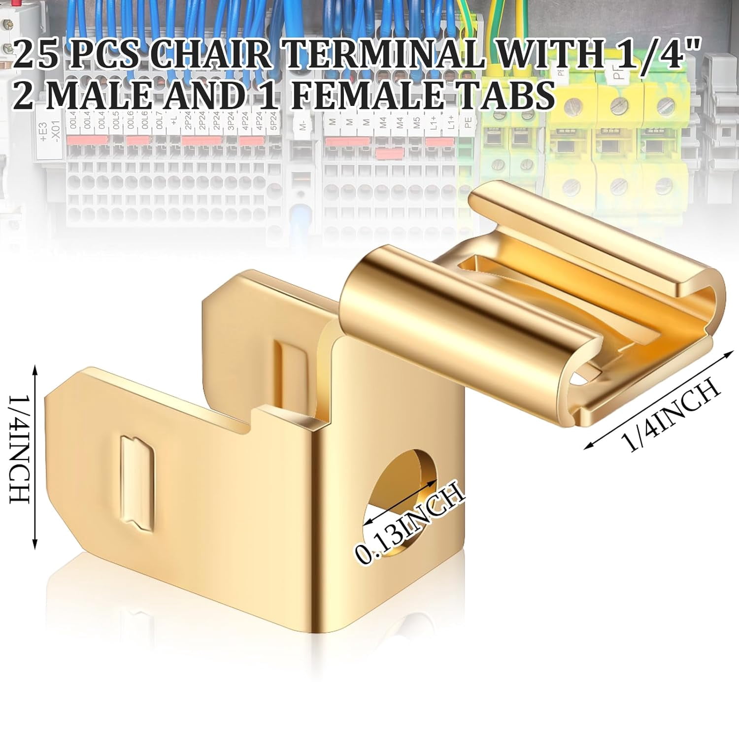 Yakong 25 pieces of lap-type fork connectors chair end quick disconnect electrical connectors 3-way adapter, 1/4 inch 2 male and 1 female contact points, non-insulated brass 90 degree electroplated c