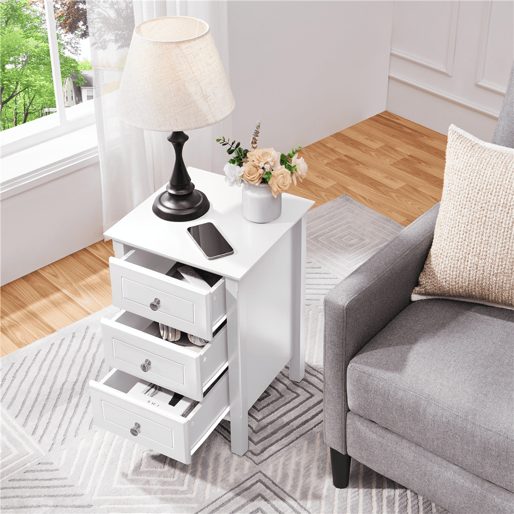 Renwick 3 Drawer End Table with Solid Wood Legs for Living Room, All Ages, White