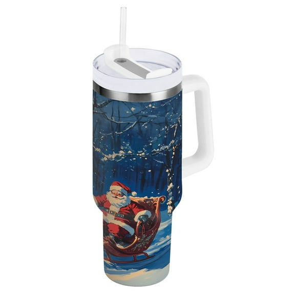 Reindeer Pull Christmas Sleigh Tumbler with Handle and Straw Lid 40 oz Insulated Vacuum Water Bottle Stainless Steel Travel Cup