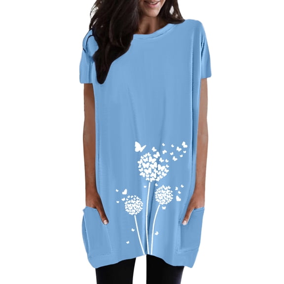 Likimi T Shirts For Women With Pocket Crew Neck Print Short Sleeve Long Fashionable Casual Tops Blue Size L