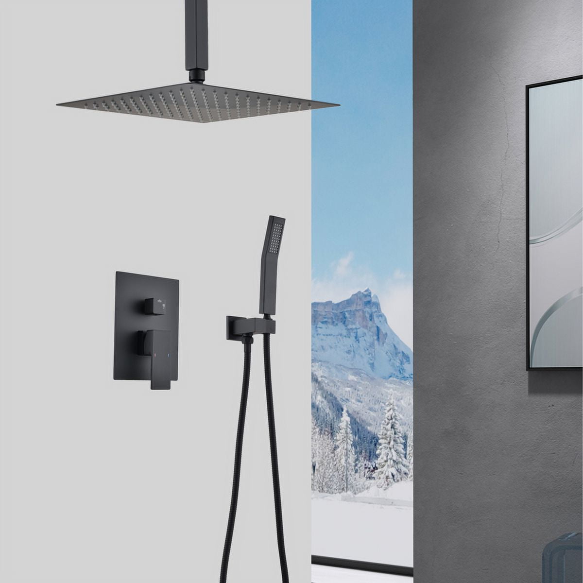 Matte Black Ceiling-Mounted Shower System – 16" Rainfall Head & Handheld Sprayer, Brass/Stainless Steel Combo with Air-In Tech for Low Pressure