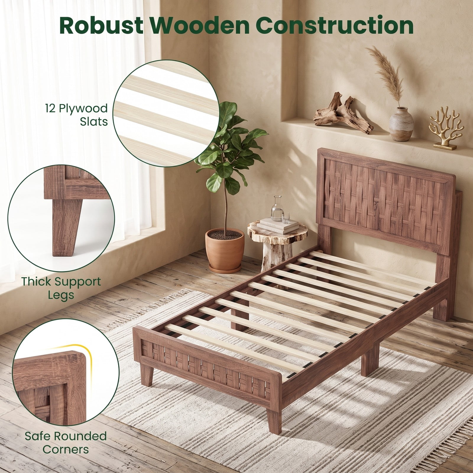 Furnibear Twin Bed Frame Wood Platform Bed with Woven Accent Headboard and 12 Plywood Slats for Kids Room, Walnut