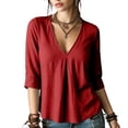 thumbnail image 3 of Vivianyo HD Women's V Neck Pleated Front Blouse, Curved Hem Cuffed Three Quarter Sleeve Shirt for Women, Spring Fall Loose Flowy Top for Office Casual and Weekend Brunch, Sizes S-2XL, 3 of 8