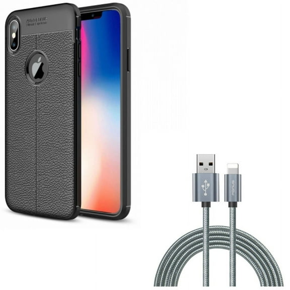 PU Leather Case w Charger Cord 6ft USB Cable for iPhone XS Max - Slim Fit Cover Reinforced Bumper Shock Absorbent Black and Power Wire Braided Long Sync