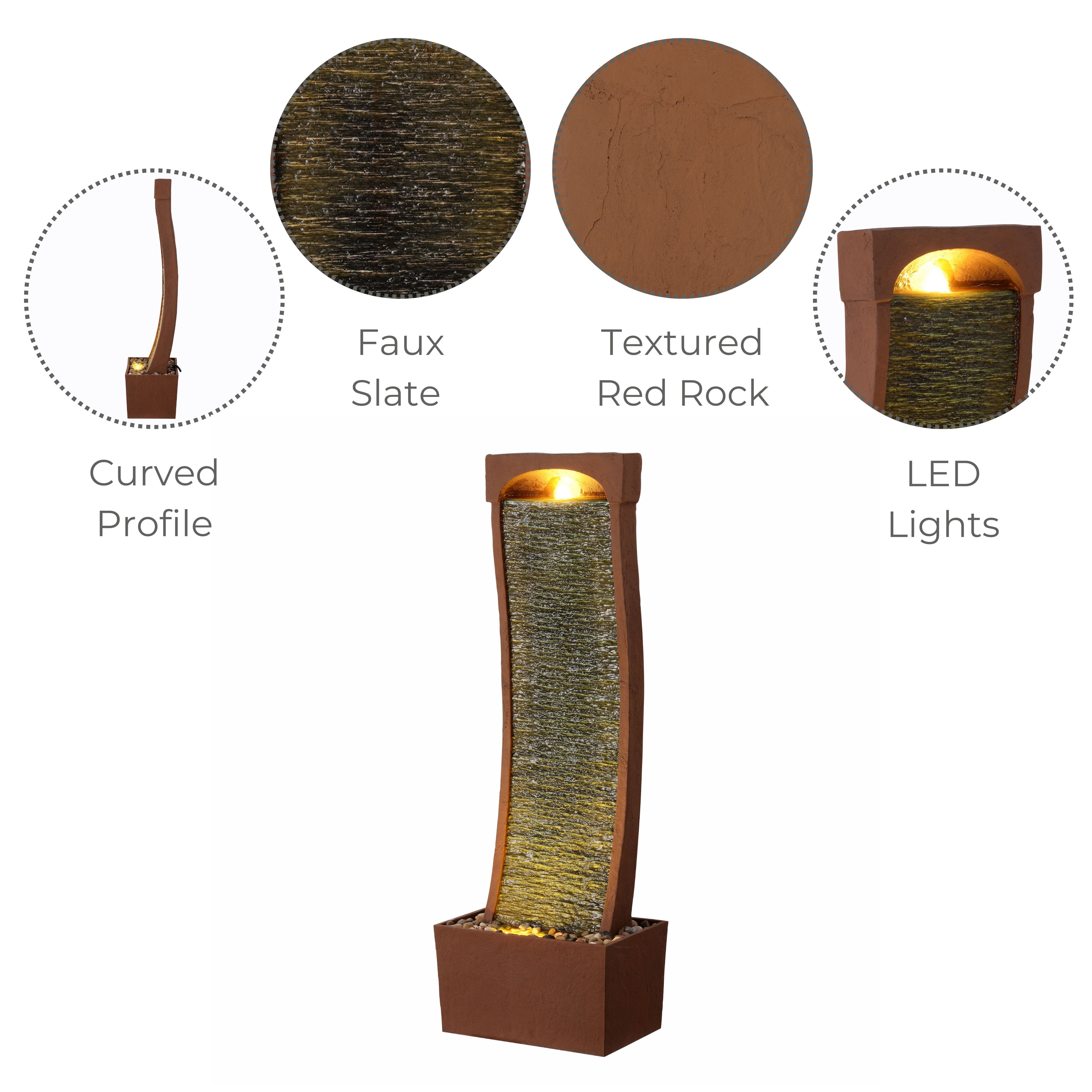 Teamson Home 38.5" Indoor/Outdoor Modern Curved Faux Slate Waterfall Fountain with LED Lights, Red Rock