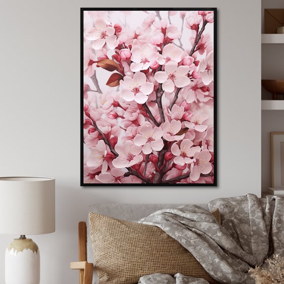Designart "Harmonious Blossoms In Burgundy I" Tree Cherry Blossom Floater Framed Canvas Wall Art