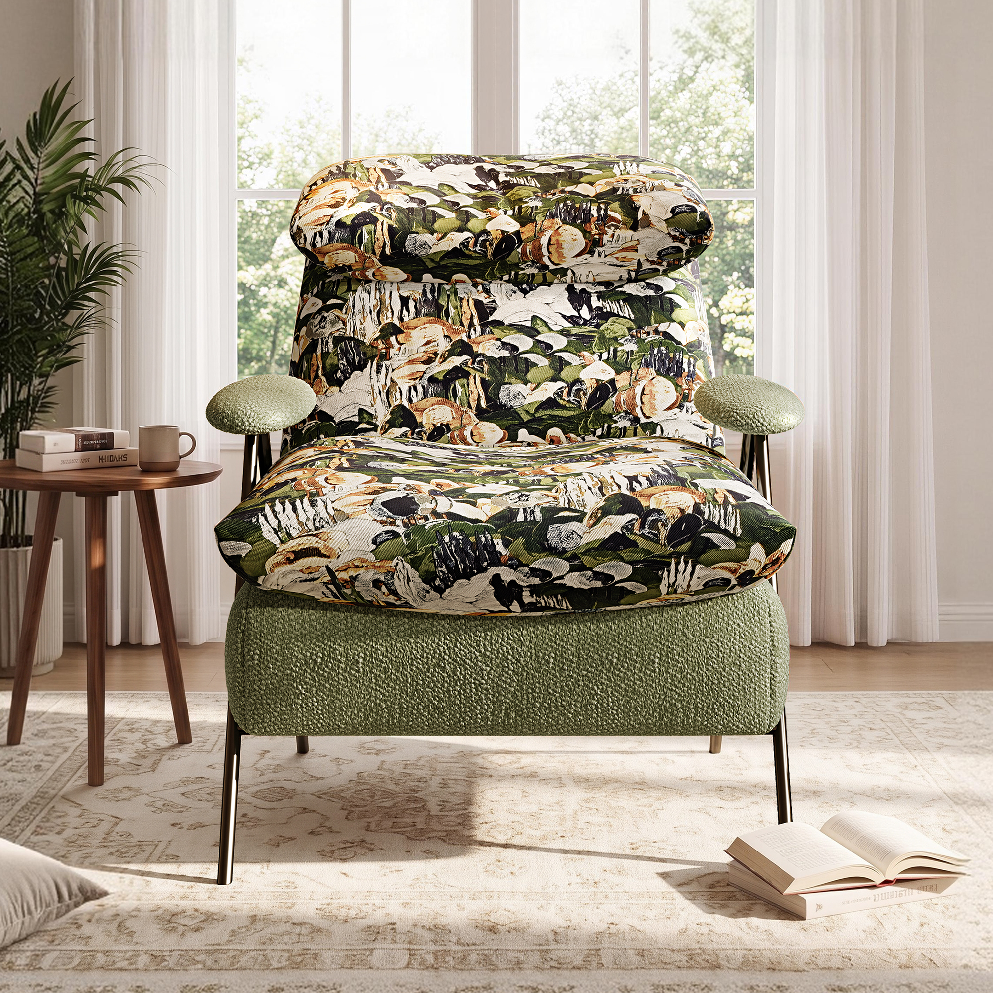 Aukfa Olive Green Floral Accent Chair, Modern Upholstered Armchair with Thick Padded Seat and Back for Living Room & Bedroom