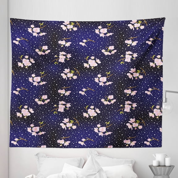 Japanese Pink Tapestry, Dot Motifs and Spring Blooming Cherry Branches on Dark Background, Fabric Wall Hanging Decor for Bedroom Living Room Dorm, 5 Sizes, Indigo Cocoa and Green, by Ambesonne