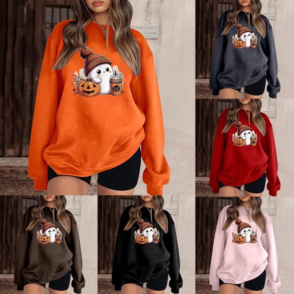 ibiyuan Sweatshirts for Women Halloween Crewneck Loose Fit Womens Shirts Halloween Spooky Season Ghost Castle Cotton Sweater Halloween Party Clothes Top Gifts for Women