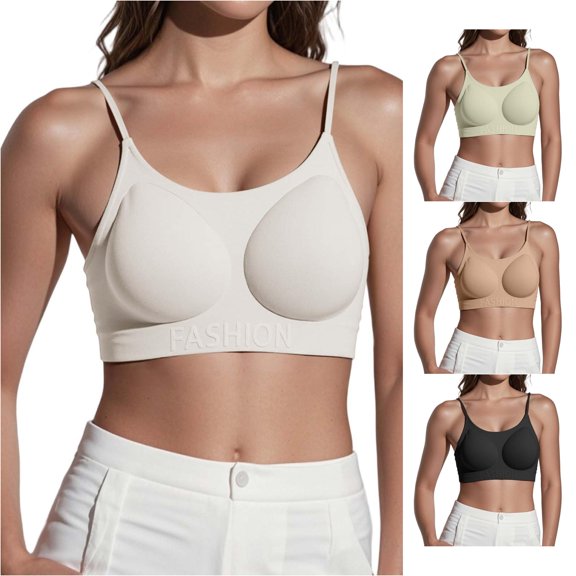 Xijirk Women Bra Thin Shoulder Straps Seamless Wireless Embossed Letter Sports Bra for Daily Fitness Wear,Beige,M