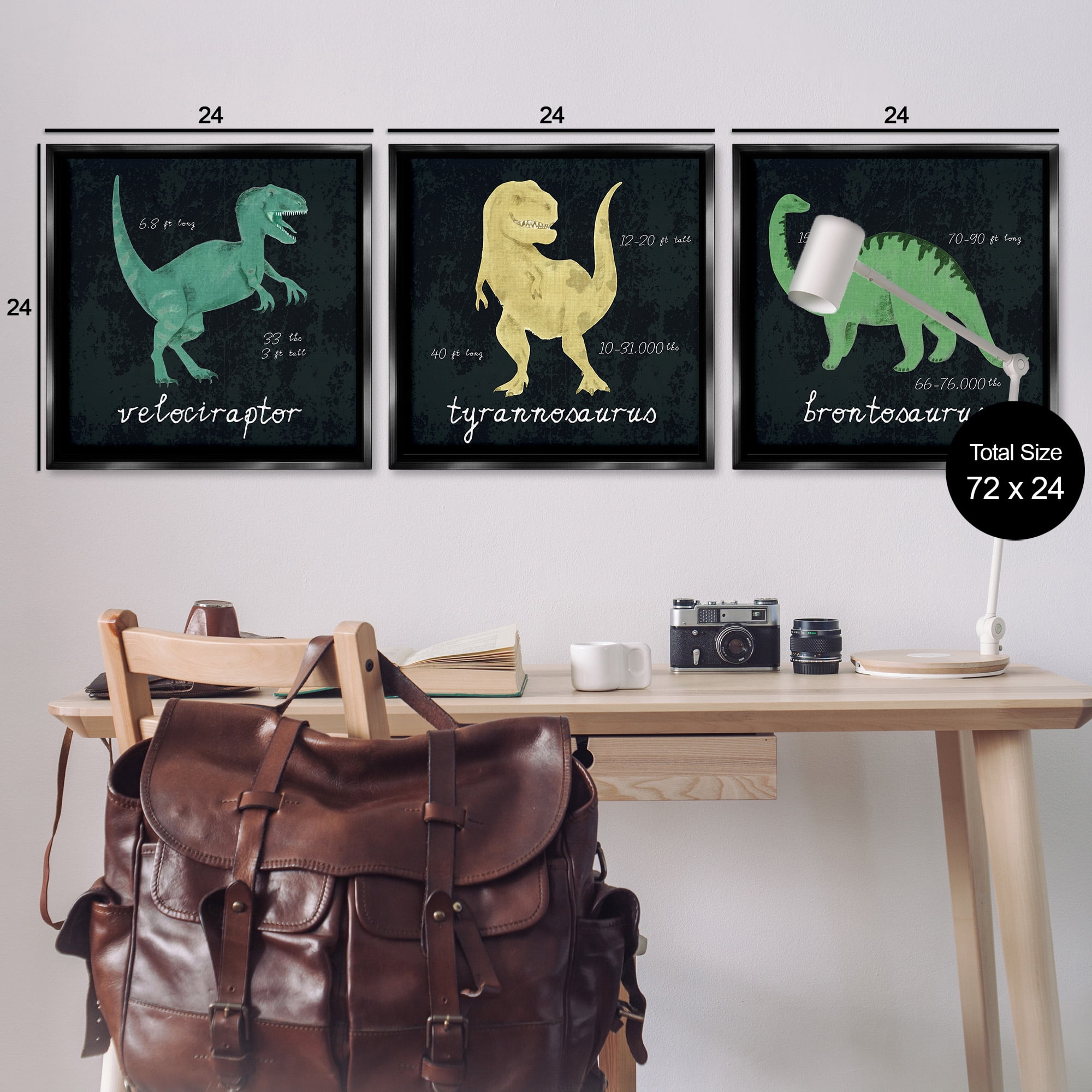 Stupell Industries Dinosaur Facts Chalk Inspired Design Animals & Insects Painting Black Floater Framed Canvas Art Print Wall Art, 25 x 25, Set of 3