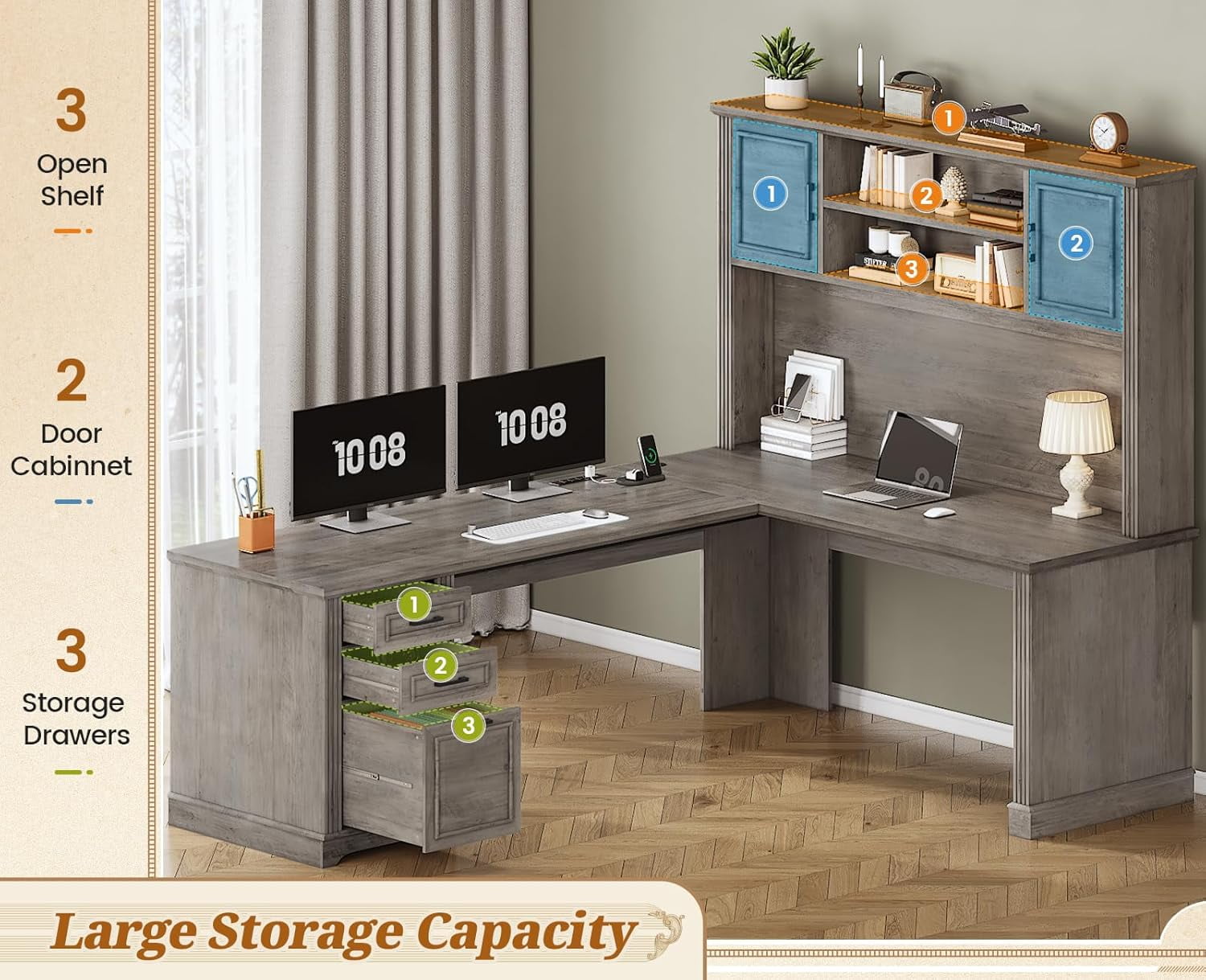 Farmhouse L Shaped Desk with Hutch and 3 Drawers, 68.9" Executive Office Desk with Power Outlet Open Shelves, Elegant Corner Desk Computer Desk with Storage Shelves for Home Office, Grey