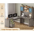 thumbnail image 4 of Farmhouse L Shaped Desk with Hutch and 3 Drawers, 68.9" Executive Office Desk with Power Outlet Open Shelves, Elegant Corner Desk Computer Desk with Storage Shelves for Home Office, Grey, 4 of 7