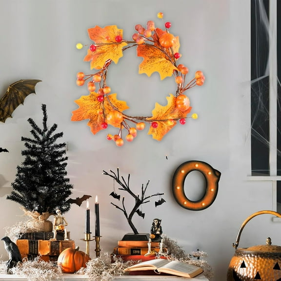 Halloween Decorations Fall Mini Wreath 4.72 inch- Festive Candle Ring Artificial Pumpkin Maple Leaf Holder with Berries Autumn Harvest Wreaths for Thanksgiving Wedding Table Home Decor