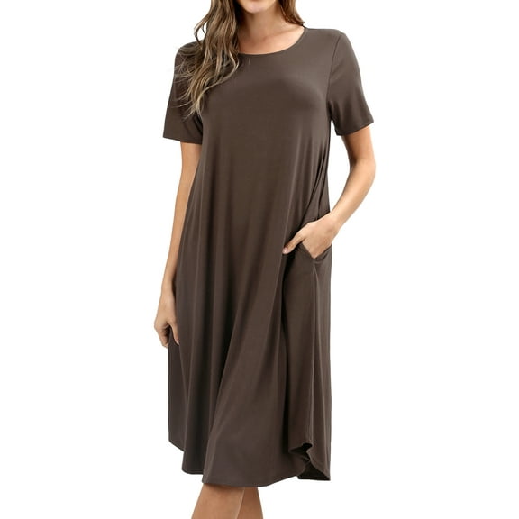 Womens & Plus Round Neck Short Sleeve Knee Length A-Line Swing Trapeze Dress (Brown, 1X)