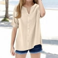 thumbnail image 2 of KAUOD Teen Youth Girls Buttons V Neck Tunic Front Open Solid Cotton Linen Beach Casual Summer Blouse Shirts Short Sleeve, 2 of 4