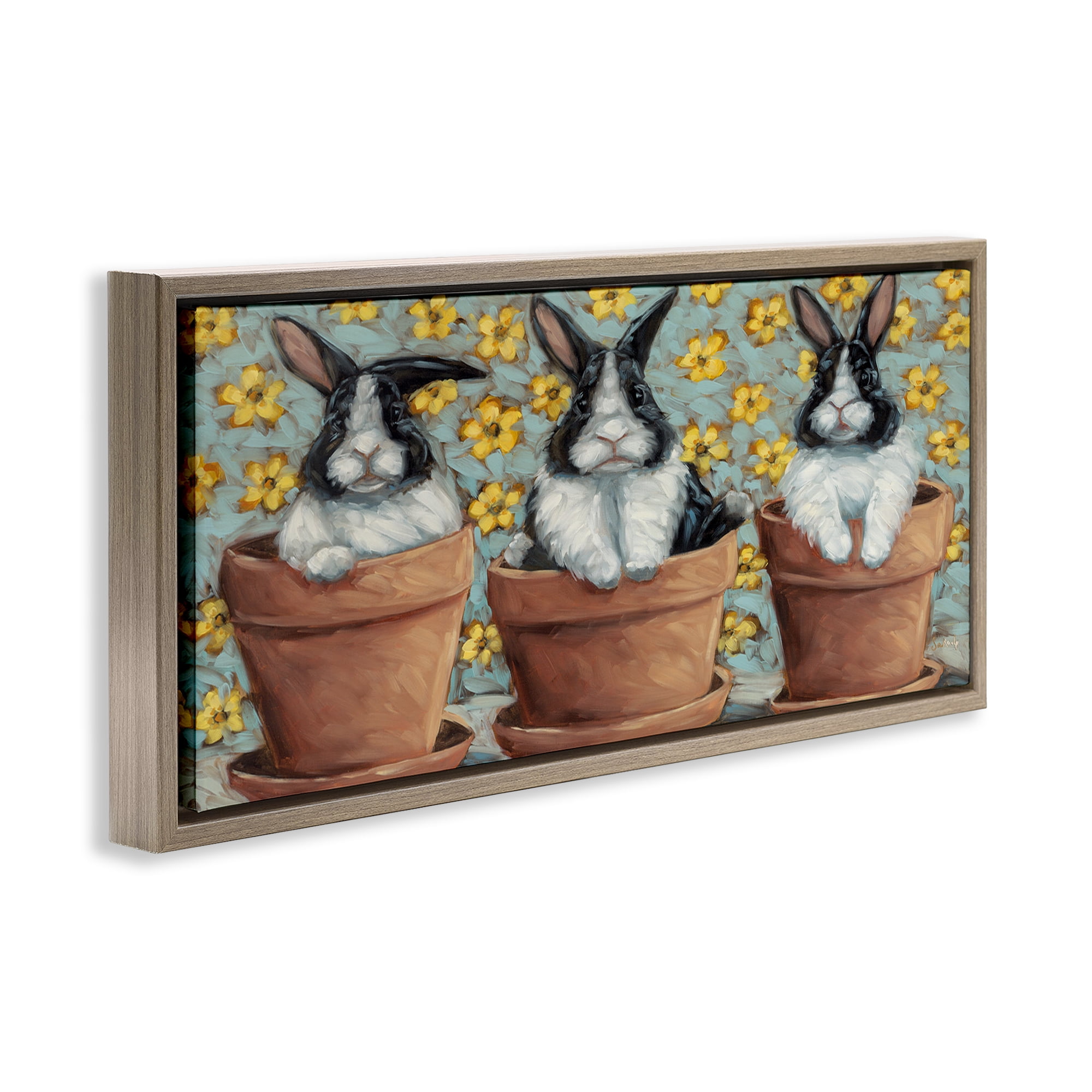 Stupell Industries Three Bunnies in Pots Animals & Insects Painting Brown Floater Framed Canvas Art Print Wall Art, 31 x 14