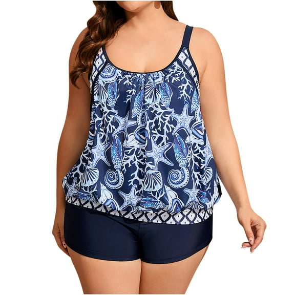 Lopeceal Two Piece Plus Size Tankini Swimsuits for Women Sexy Trendy Flowy Bathing Suits with Shorts Tummy Bathing Suit Swimwear