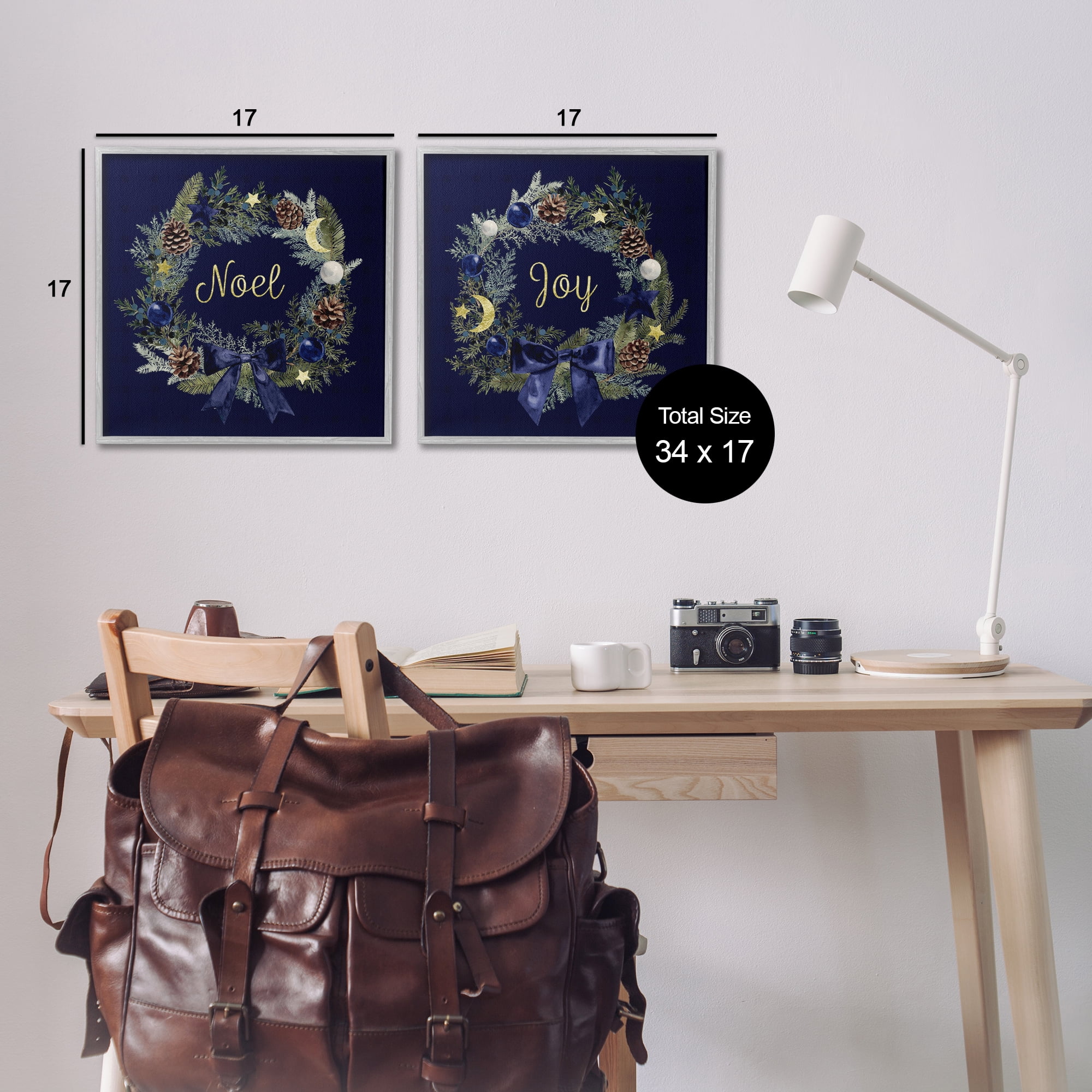 Stupell Industries Noel Joy Balsam Wreath Pinecones Holiday Painting Gray Framed Art Prints Wall Art, 17 x 17, Set of 2