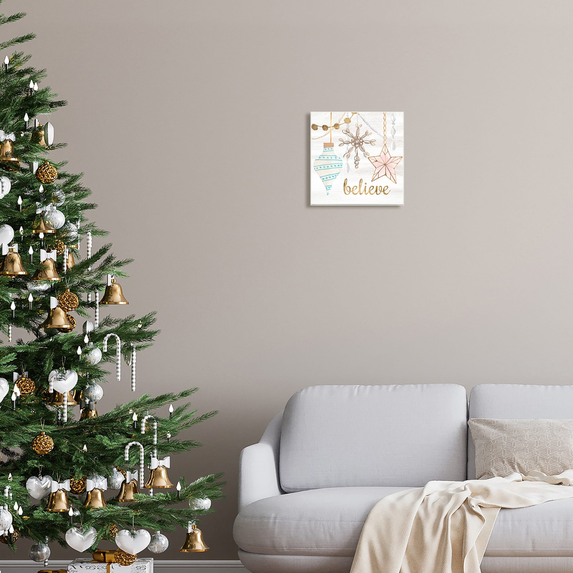 Glimmering Believe Text Holiday Ornaments Star Snowflake Inspirational Graphic Art Unframed Art Print Wall Art