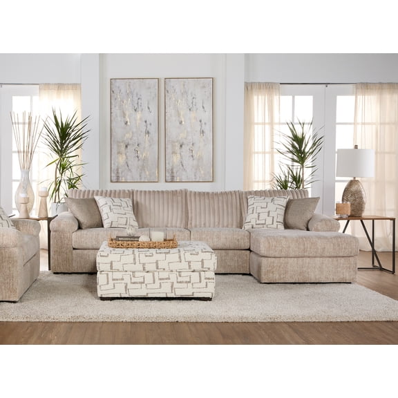Roundhill Furniture Nason Wide Wale Corduroy Sectional Sofa Chaise with Ottoman, Parchment