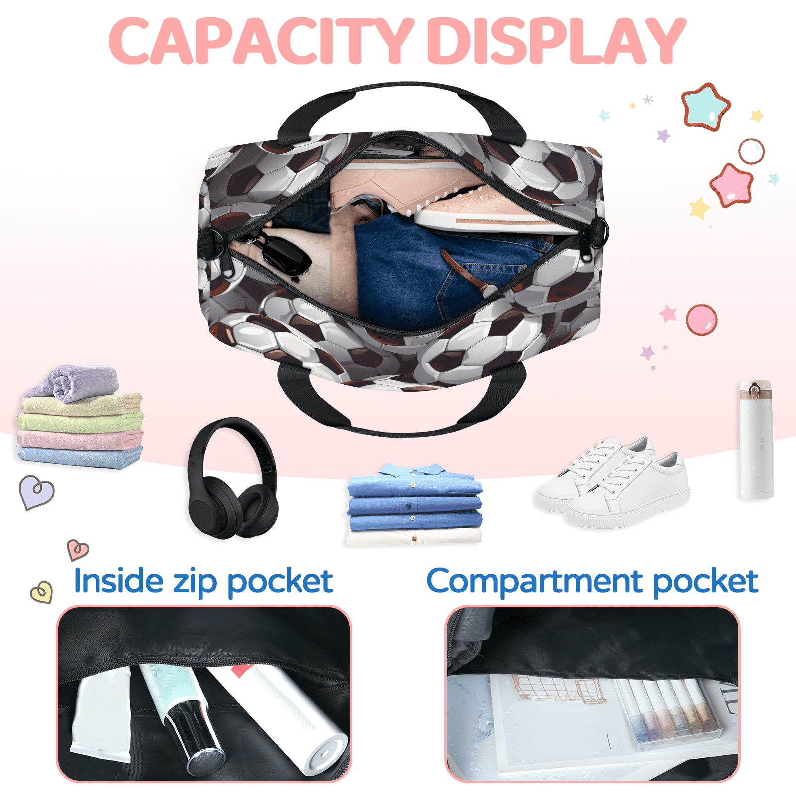 Herdesigns Soccer Ball Football Gym Bag for Women, Duffle Bag for Travel Sport, Lightweight Waterproof Carry on Weekender Overnight Dance Yoga Workout Bags