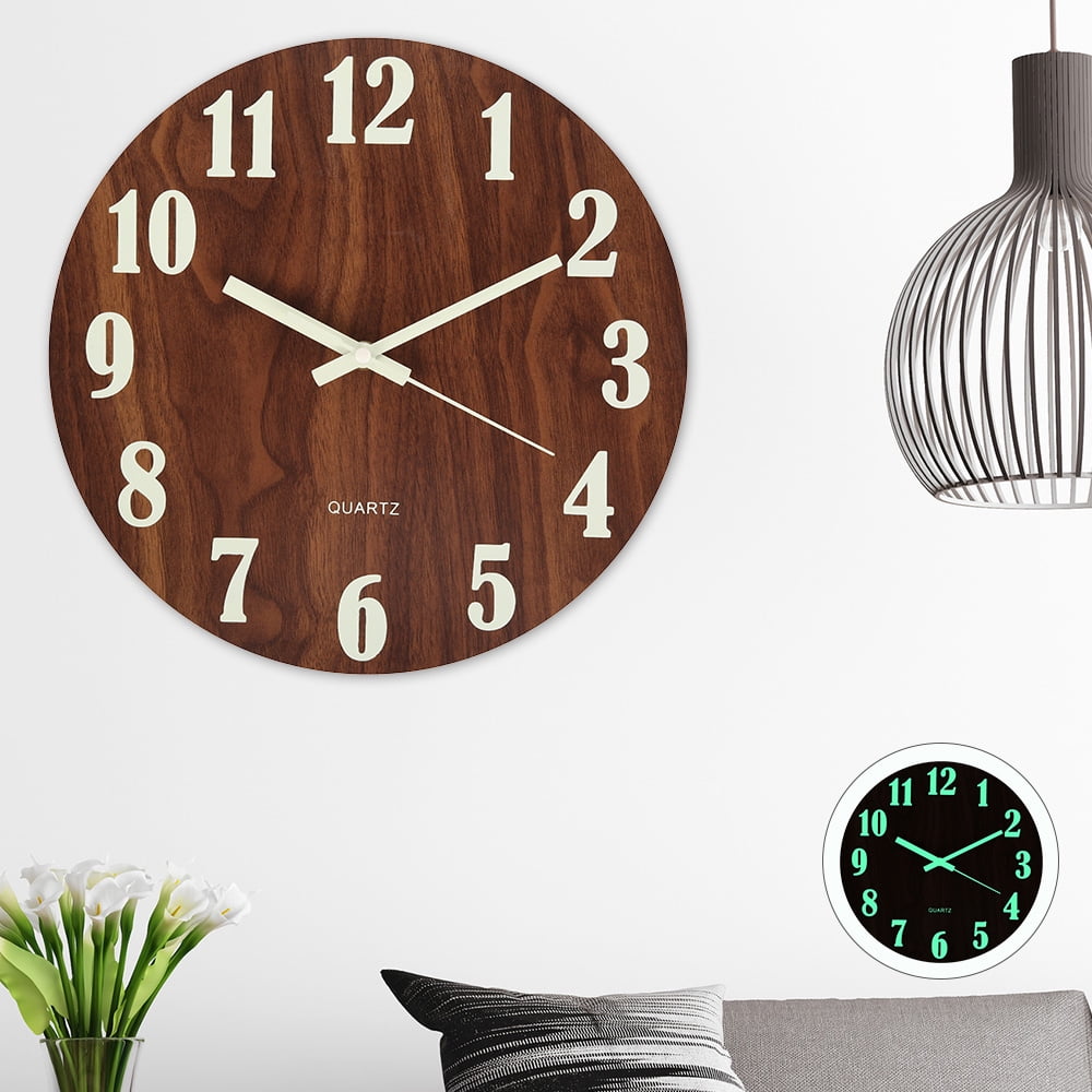 HOTBEST Wooden Wall Glow Clock Luminous Number Hanging Clocks Quiet