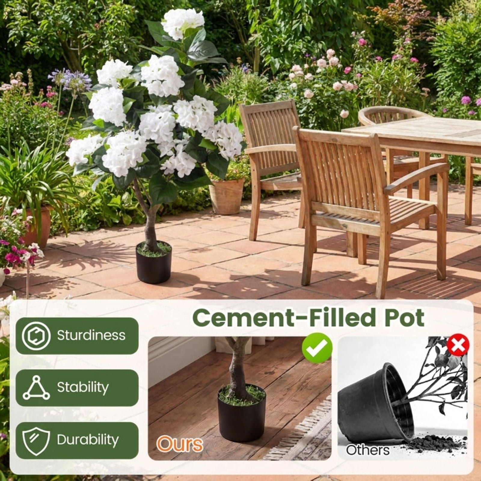 SUGIFT Artificial Hydrangea Tree with 11 White Flowers, Faux Floral Plant with Cement Pot and Silk Blooms for Indoor Living Room Bedroom Decor, White
