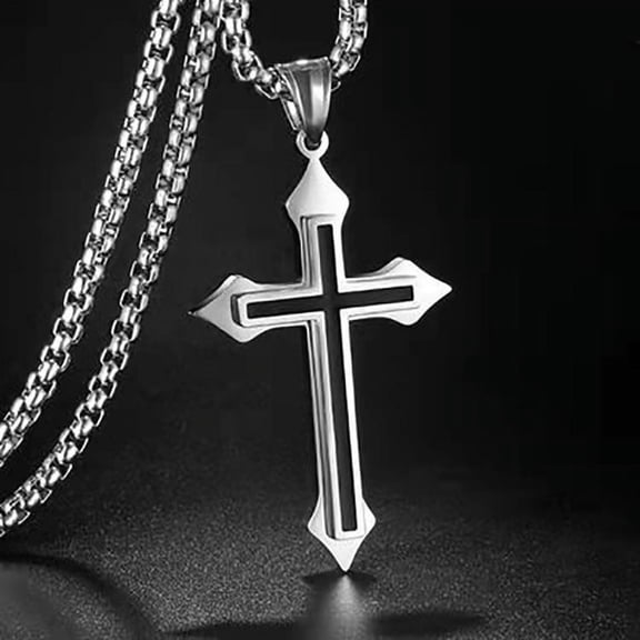 Mens Silver Black Double Layer Cross Pendant Necklace Stainless Steel Chain