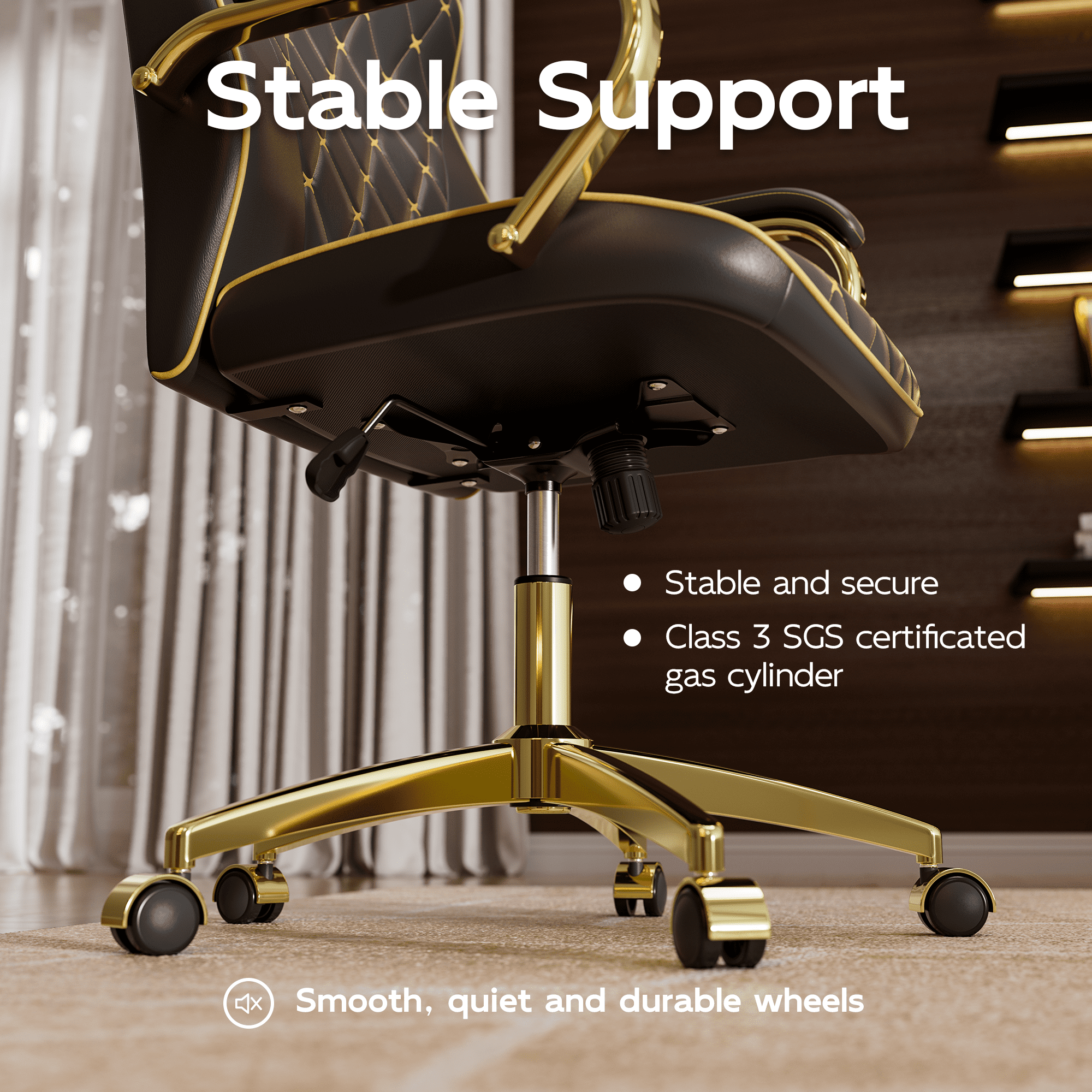 Black and Gold Office Chair with Soft Leather Embroidery, Mid Back Vintage Swivel Executive Desk Chair with Wheels and Padded Arms, Adjustable Height