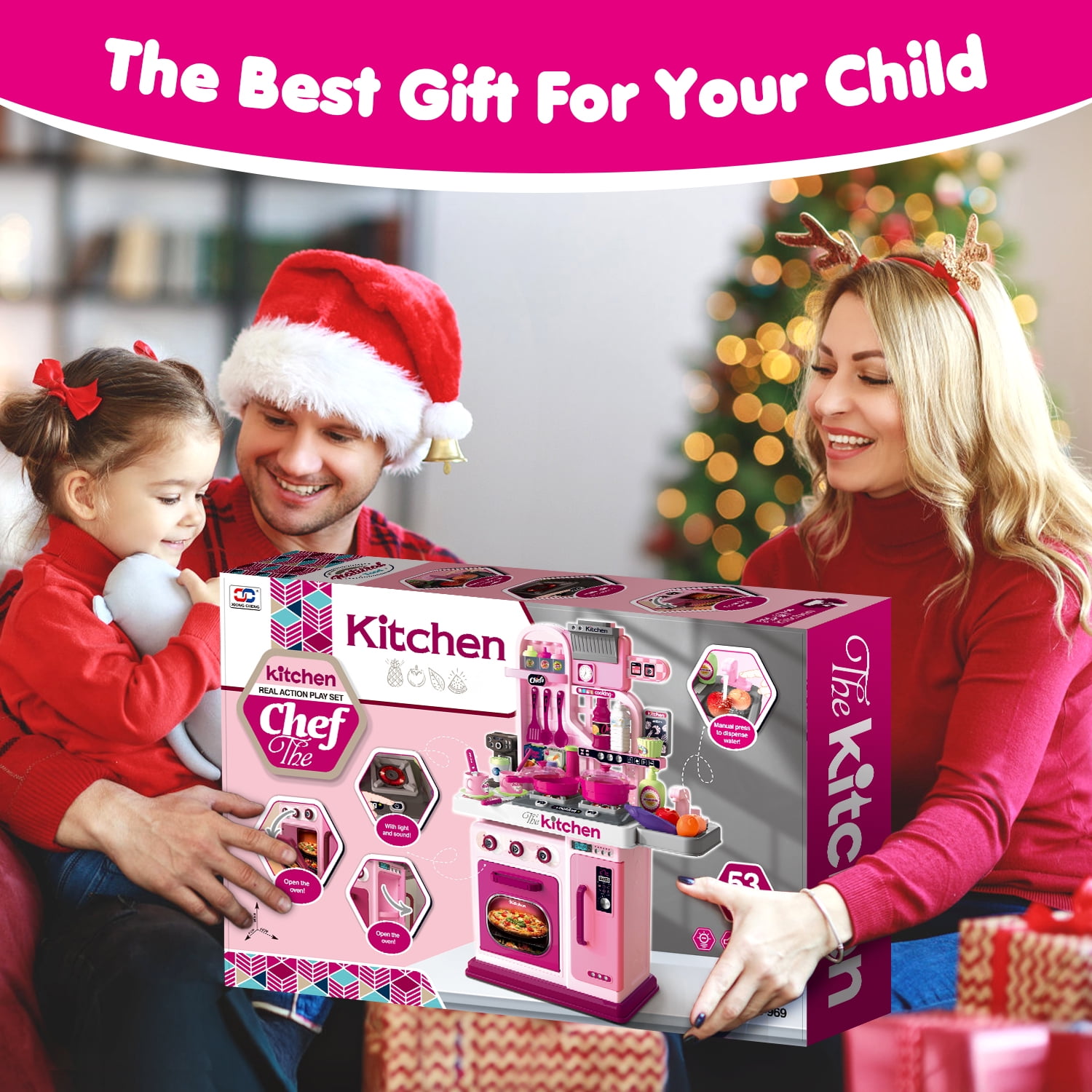 Hot Bee 34 inch Play Kitchen Toy Sets for Girls, Cooking Stove, Play Sink, Oven w/ Realistic Lights&Sounds, Birthday Christmas Toys Gift for Toddlers Girls Boys 3 4 5 6+