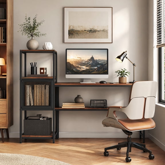 51" Industrial Computer Desk with Bookshelf, Home Office Desk with Storage Shelves,Rustic Brown