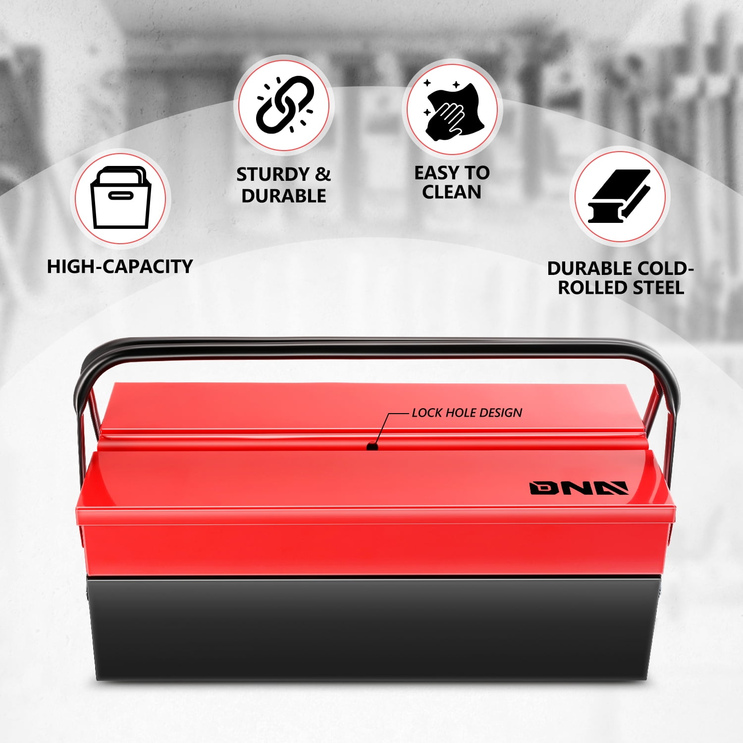 DNA Motoring TOOLS-00410 Red 18" 2 Level Multi-Function Foldable Repair Tool Box Storage With Lock Hole + Drawers + Handle