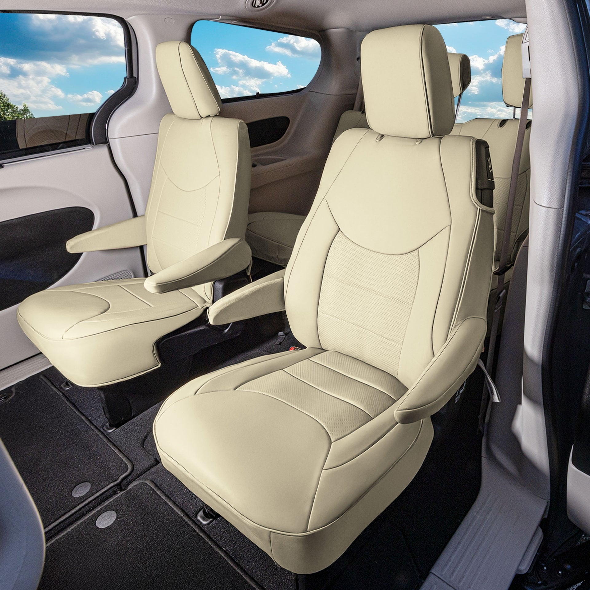 For Chrylsler Pacifica 2017-2025 FH Group Custom Fit Car Seat Covers [2nd Row - Non-Hybrid Smaller Button] Solid Beige