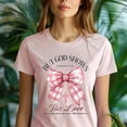 thumbnail image 5 of But God Shows His Love T-Shirt, Romans 5:8 Bible Verse Tee with Pink Bow, Maroon, Size L, 5 of 6