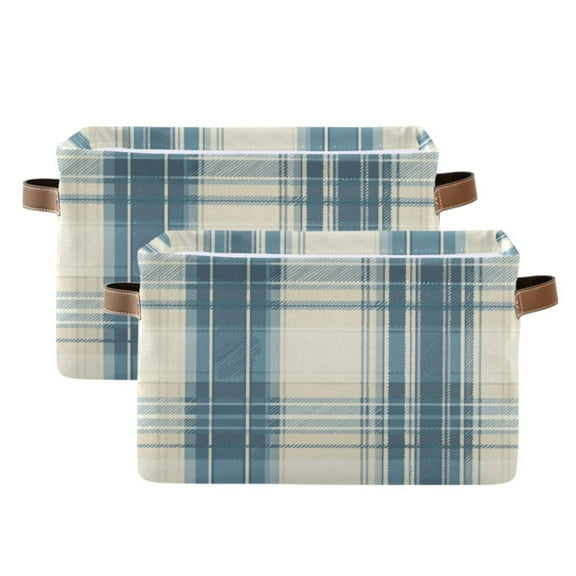 Dusty Blue and Beige Check Foldable Storage Basket,Canvas Fabric Foldable Storage Bins with Handles Open Home Storage Bins Boxes for Toy Book Shelf Closet Baskets