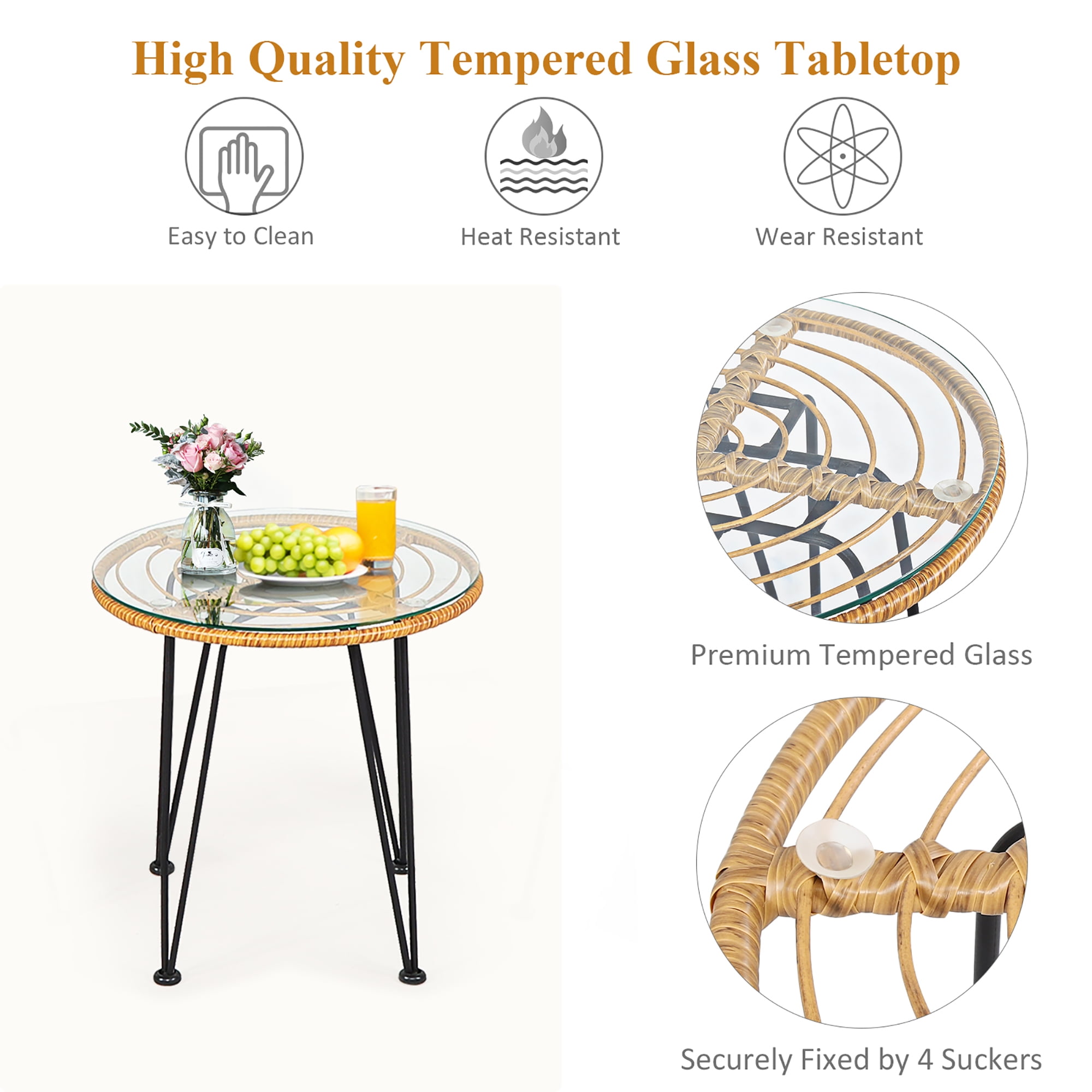 Costway 3PCS Patio Rattan Bistro Furniture Set Cushioned Chair Table White