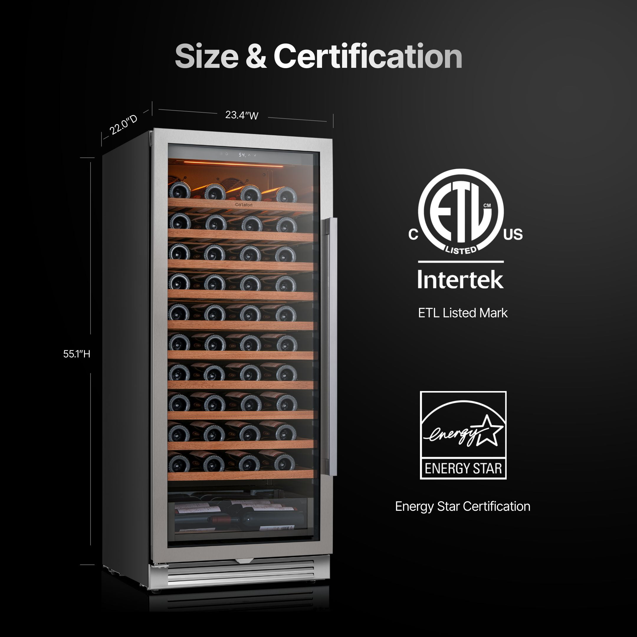Ca‘lefort 90 Bottle Wine Refrigerator Cooler, 24'' Built-in Wine Fridge with 40-65°F and Double Glass for Home Bar & Hotel